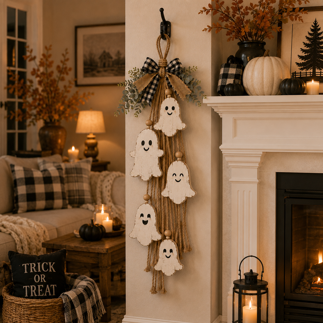 Rustic Ghost Hanging Decor – Farmhouse Halloween Wall & Door Decoration