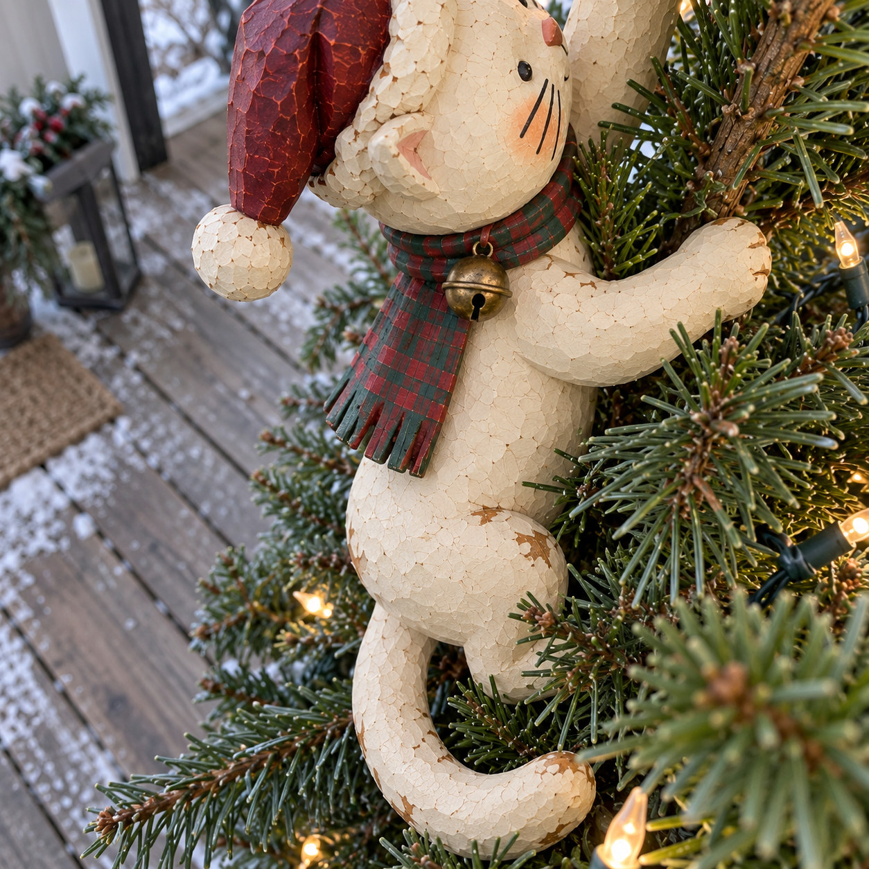 Close view of the ivory cat, burgundy Santa hat, plaid scarf, bell accent and curled tail