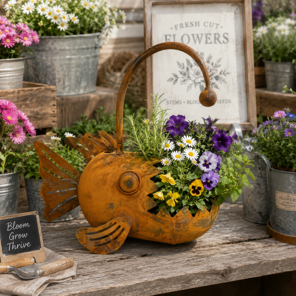 Vintage Metal Anglerfish Planter – Rustic Big Mouth Fish Flower Pot