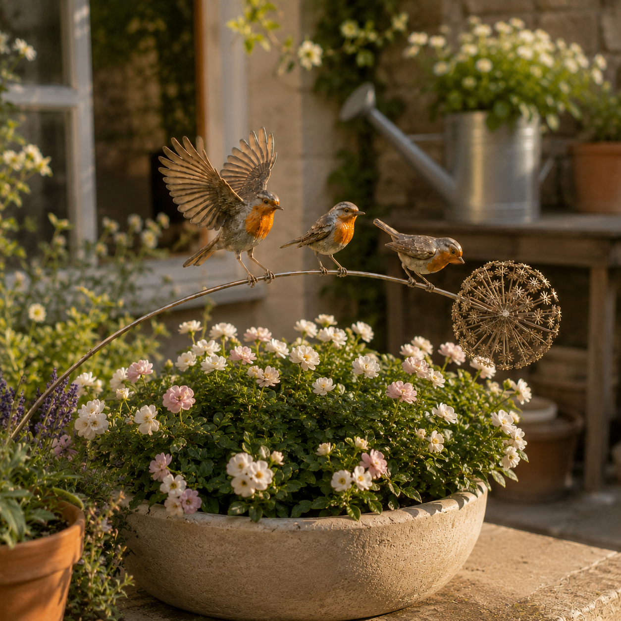 Metal Bird Garden Stake Decor with Dandelion Accent