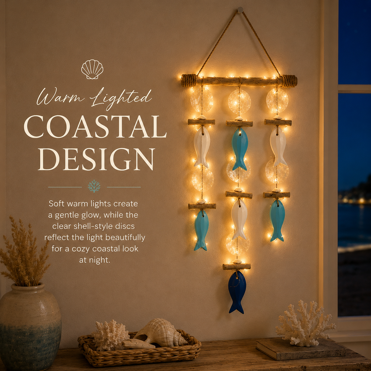 Coastal Fish & Shell Wind Chime Wall Decor with Removable Warm Lights