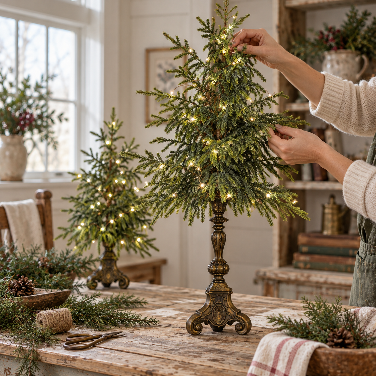 Decorating the lighted Norfolk pine tree
