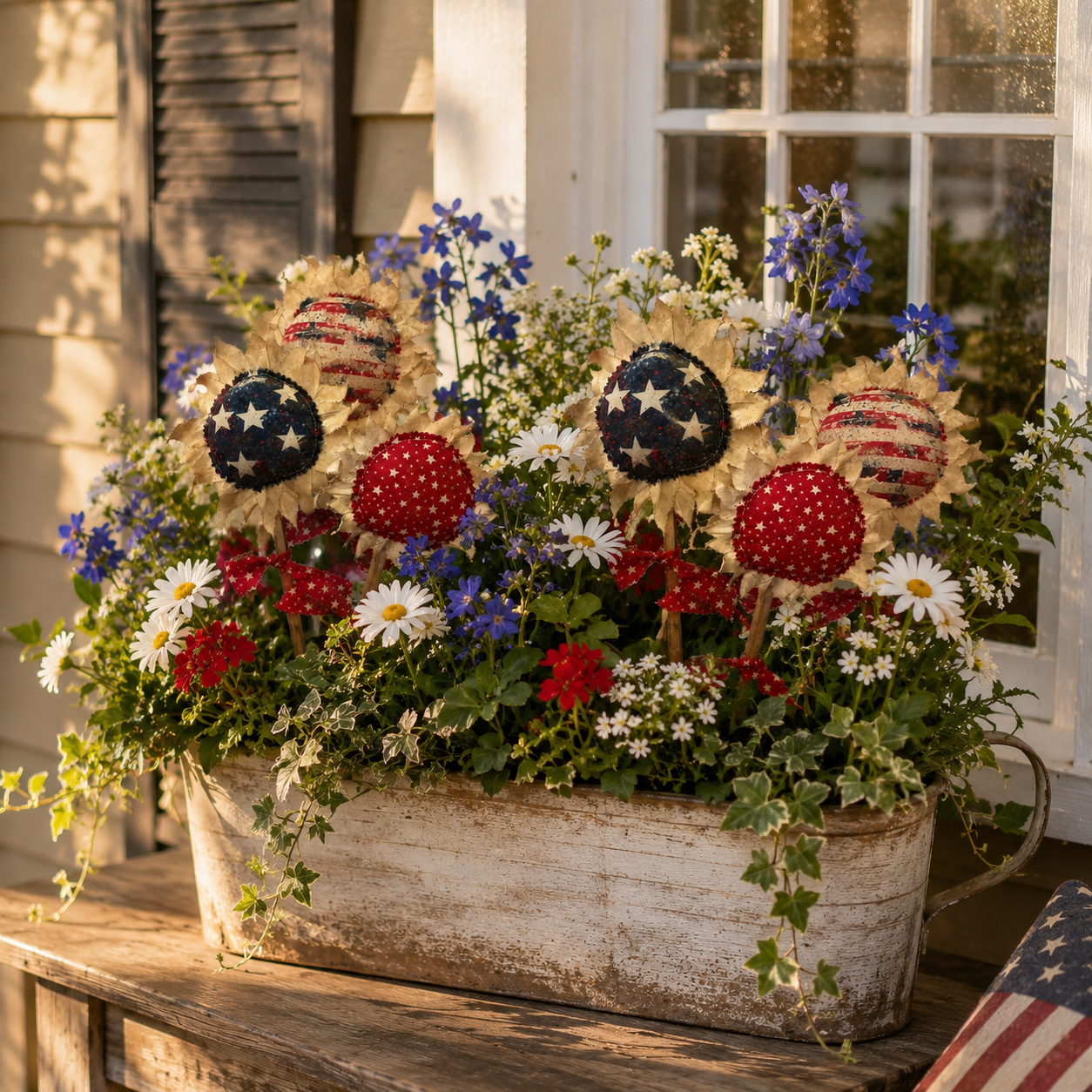 Primitive Americana Flower Picks Set of 3 – Rustic Patriotic Fabric Sunflower Decor