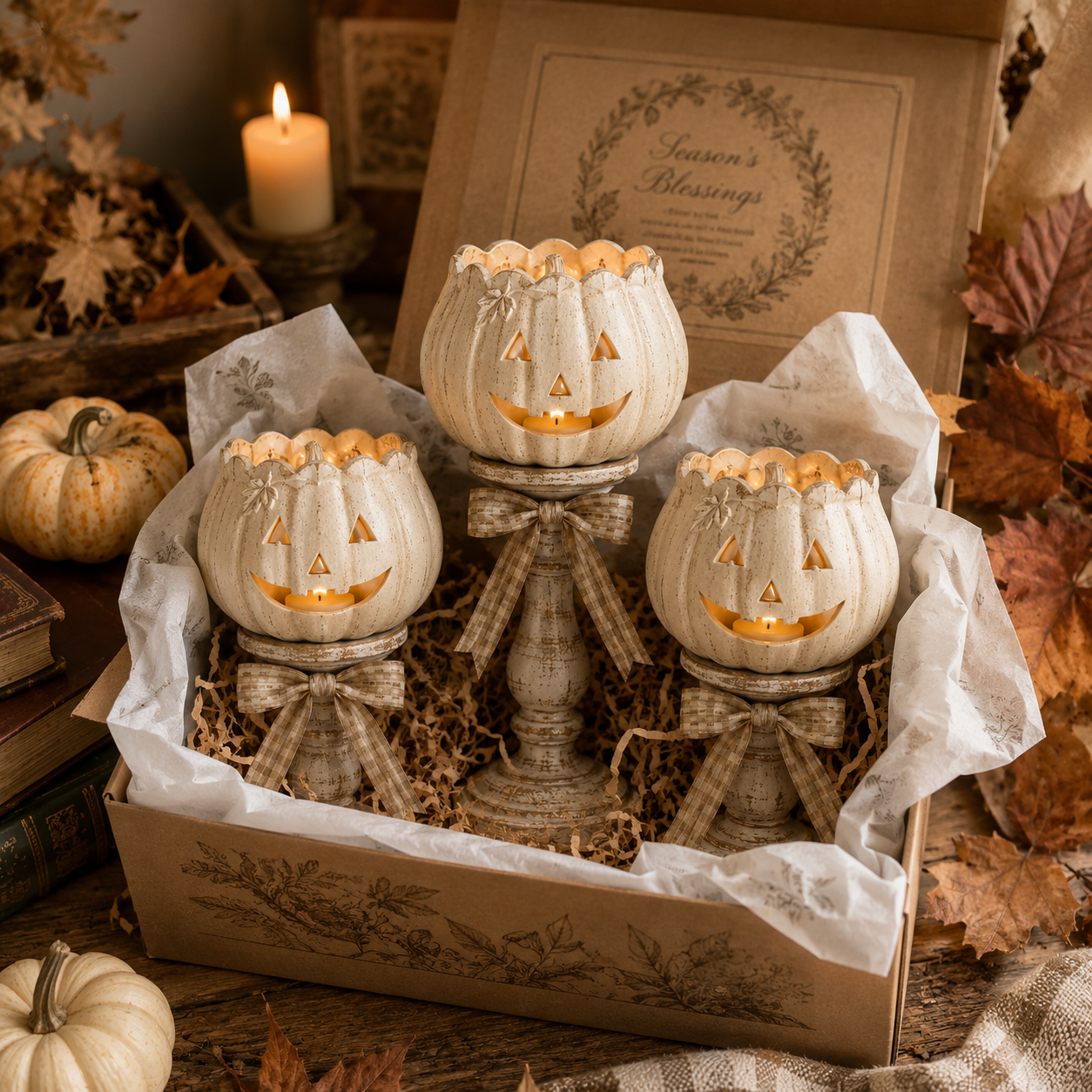Harvest Glow White Pumpkin Pedestal Tealight Holders – Set of 3