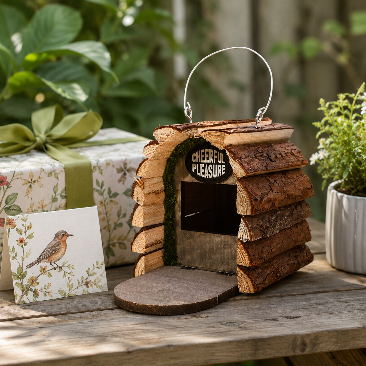 Rustic Hanging Wooden Birdhouse with Natural Bark Roof – Outdoor Garden Bird Nest Box