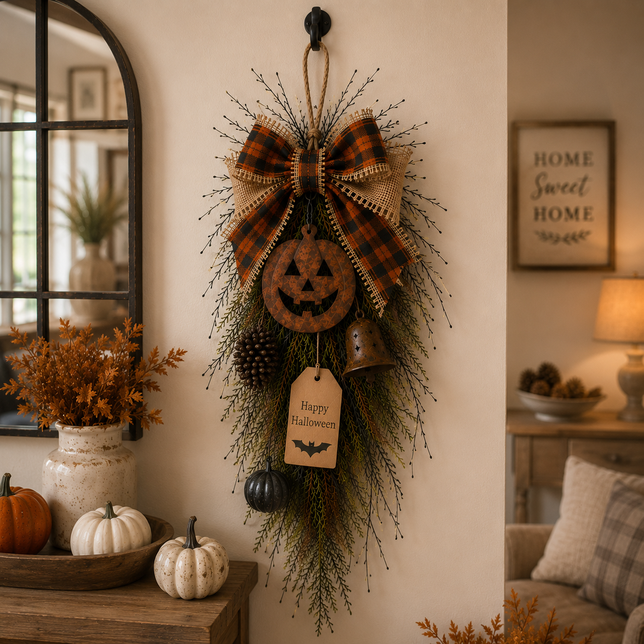 Rustic Halloween Pumpkin Door Swag – Plaid Bow & Bell Hanging Décor
