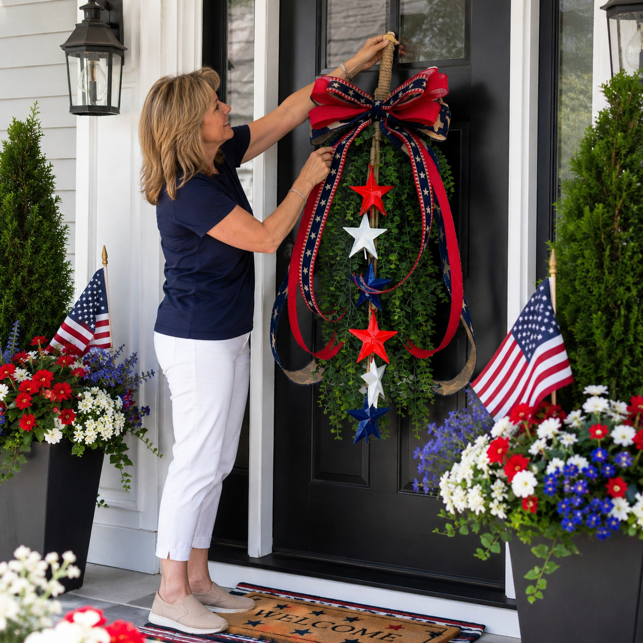 Patriotic Hanging Greenery Swag with Red White & Blue Stars
