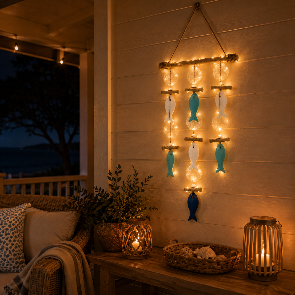 Coastal Fish & Shell Wind Chime Wall Decor with Removable Warm Lights