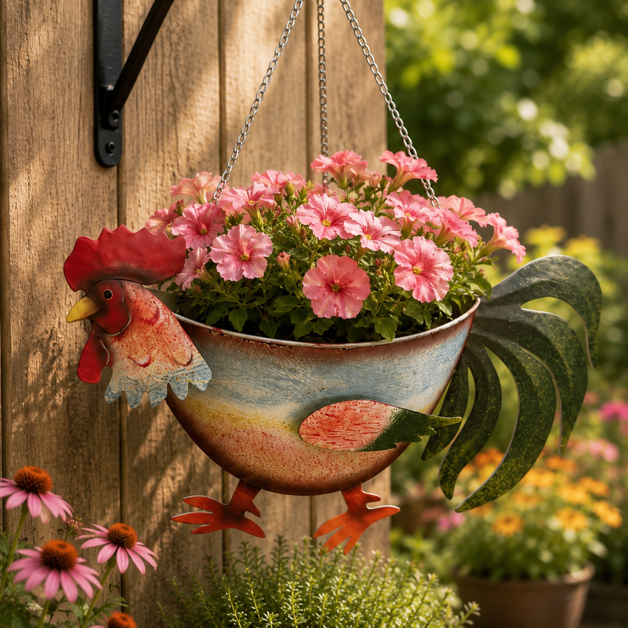 Rustic Rooster Hanging Planter, Farmhouse Chicken Flower Pot