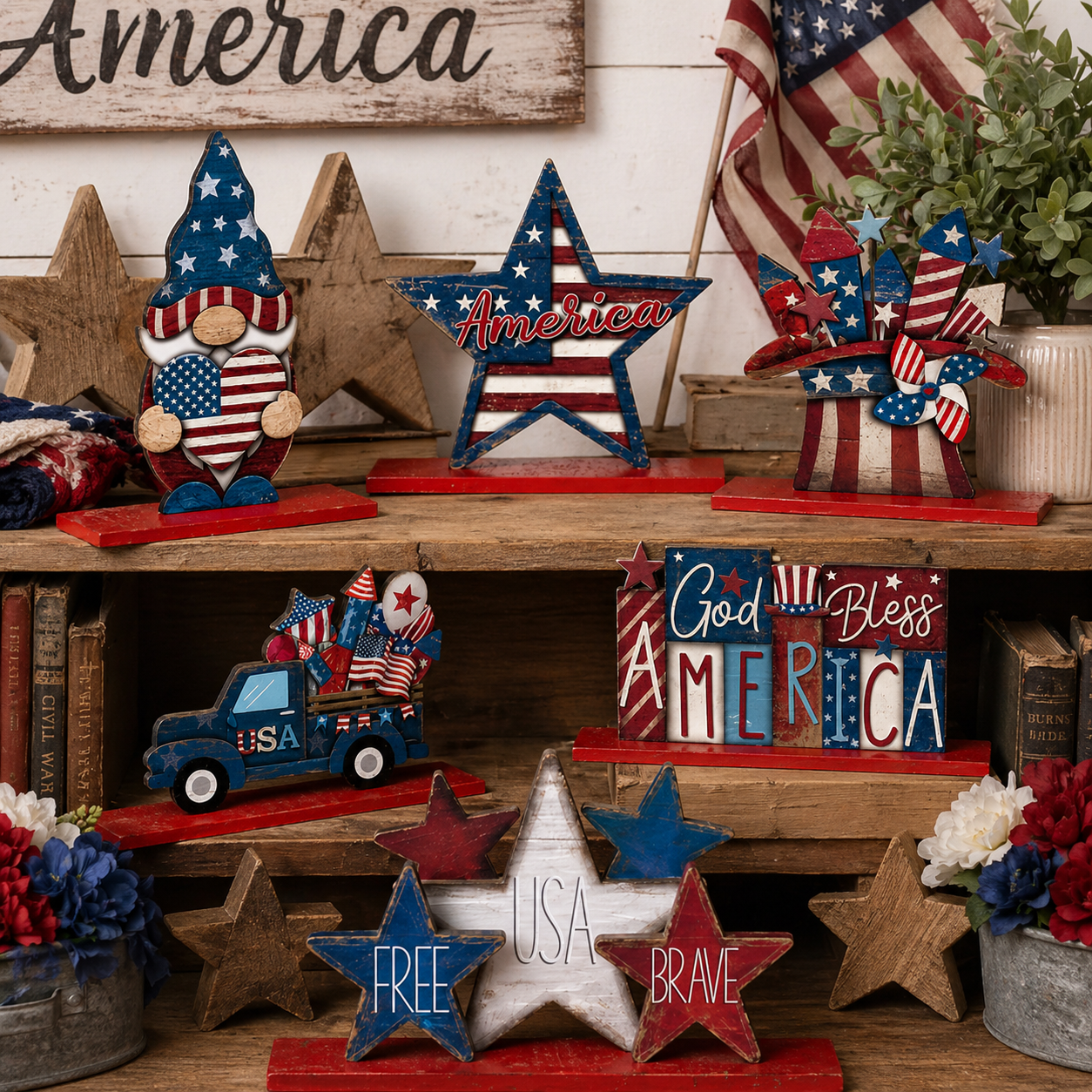 Patriotic Wooden Tabletop Decor Set – 4th of July Red White Blue Shelf Sitter Decorations