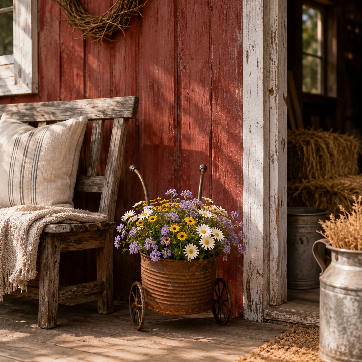 Rustic Metal Wheelbarrow Planter, Vintage Garden Cart Flower Pot