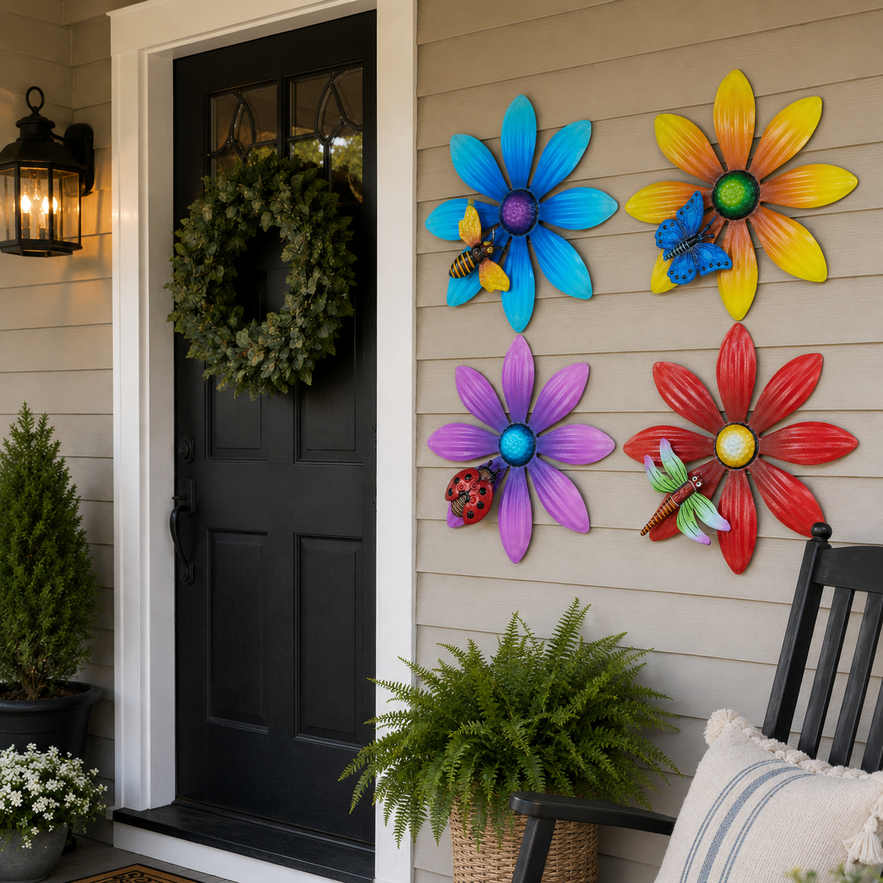 4-Piece Metal Flower Wall Decor Set – Colorful Garden Wall Art with Bee, Butterfly & Dragonfly Accents