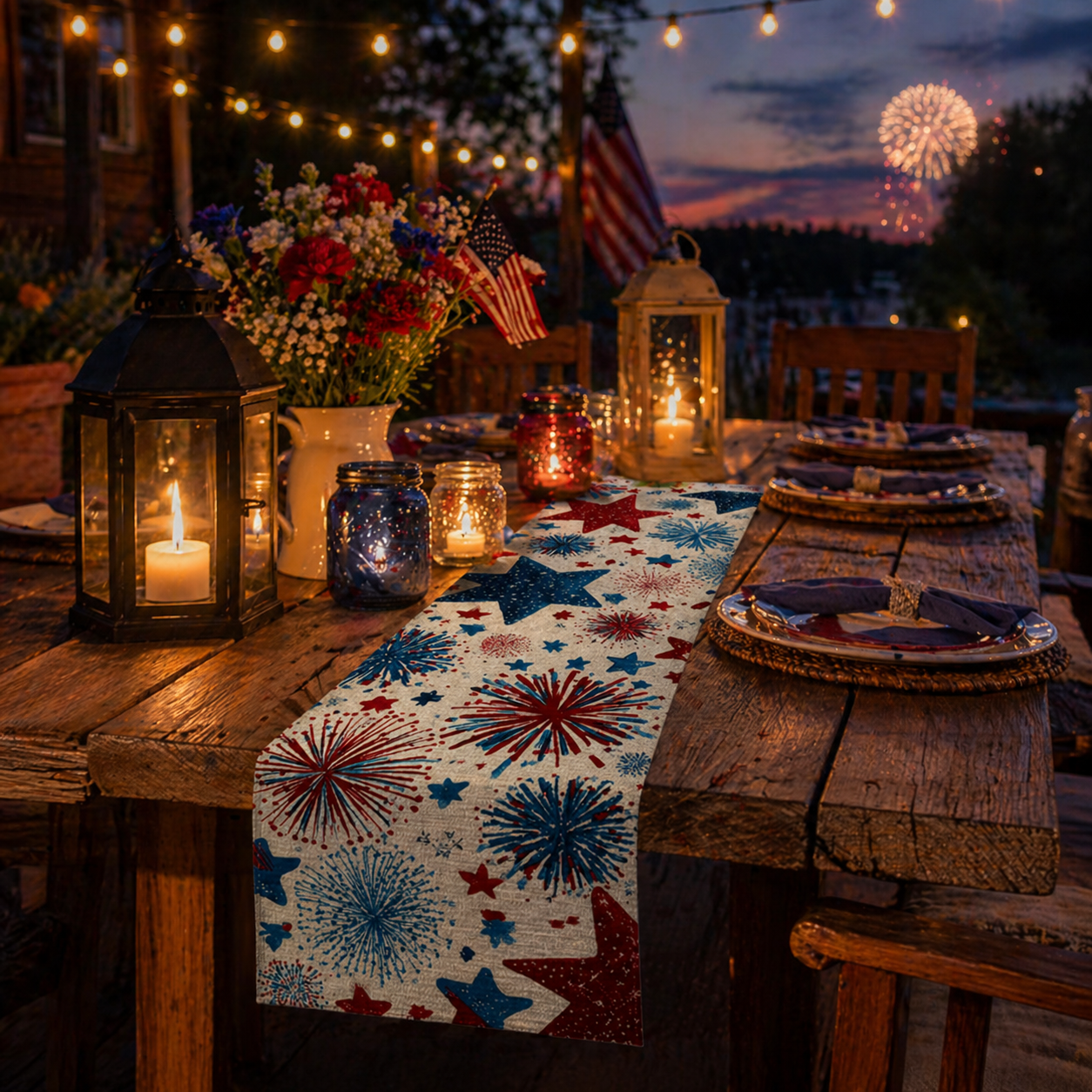 Patriotic Fireworks Table Runner – 4th of July Independence Day Table Decor