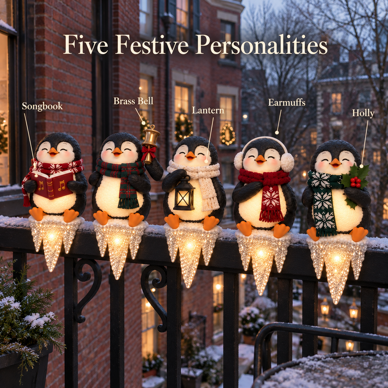 Lighted Penguin Icicle Window Ledge Set
