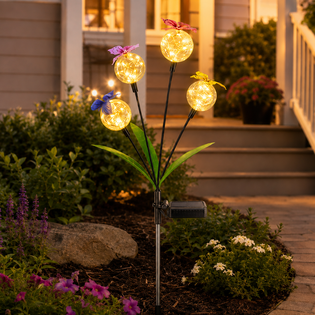 Solar Butterfly Garden Stake Light with 4 Glowing Crackle Globes