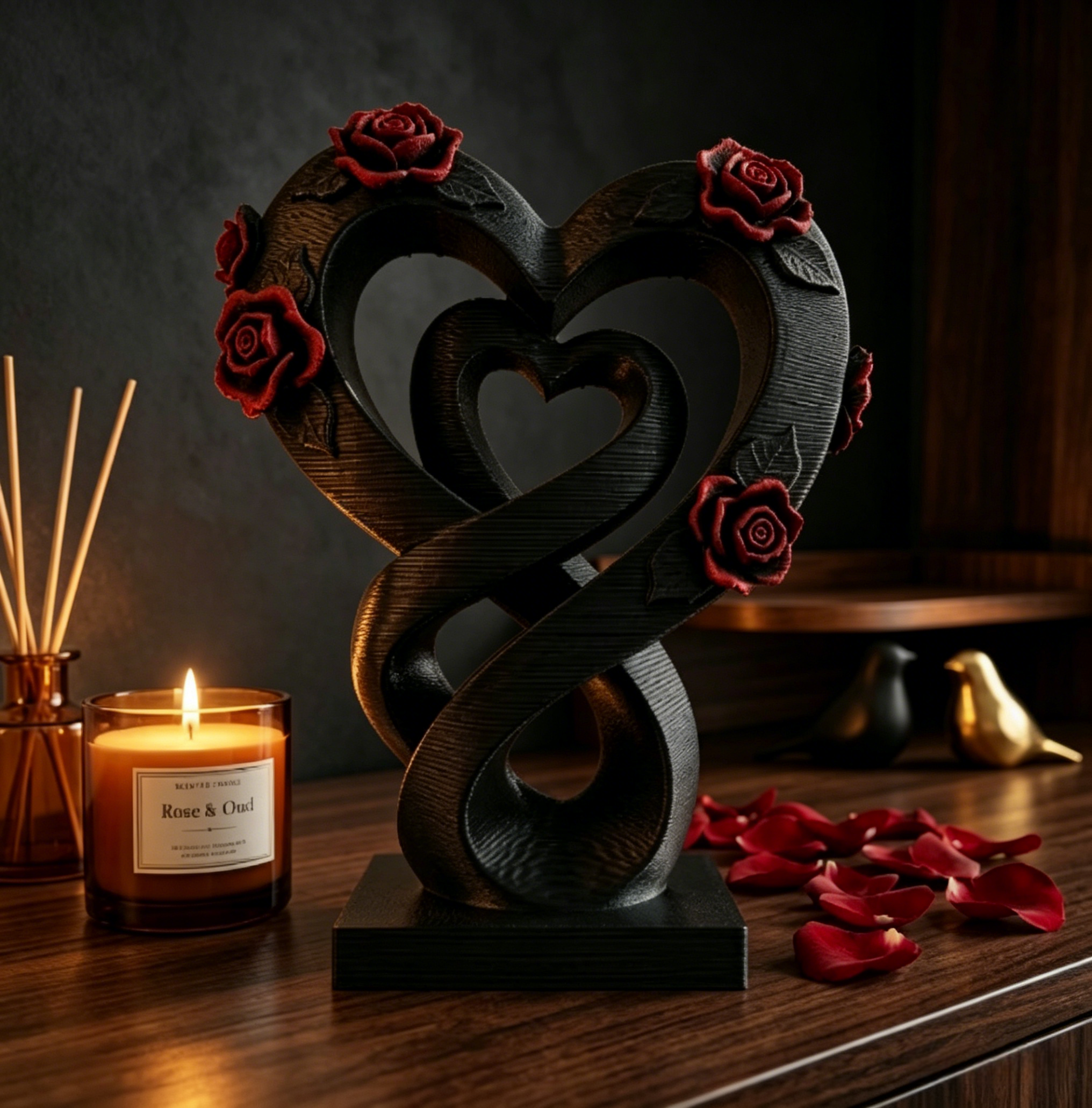Eternal Love Double Heart Sculpture with Roses – Romantic Home Decor Accent