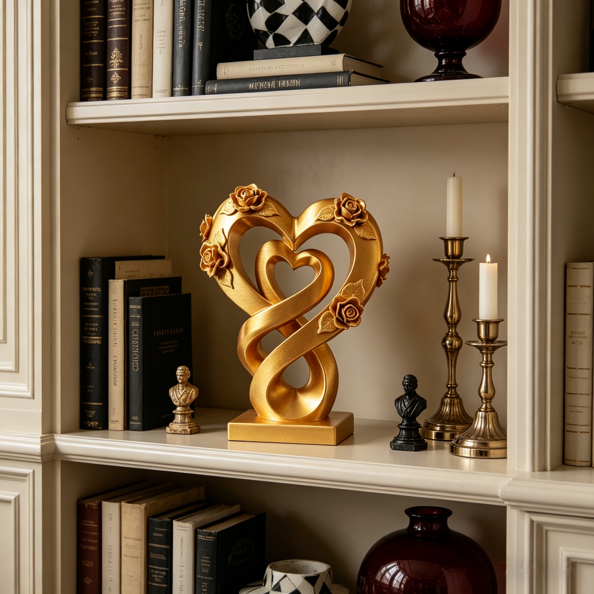 Eternal Love Double Heart Sculpture with Roses – Romantic Home Decor Accent