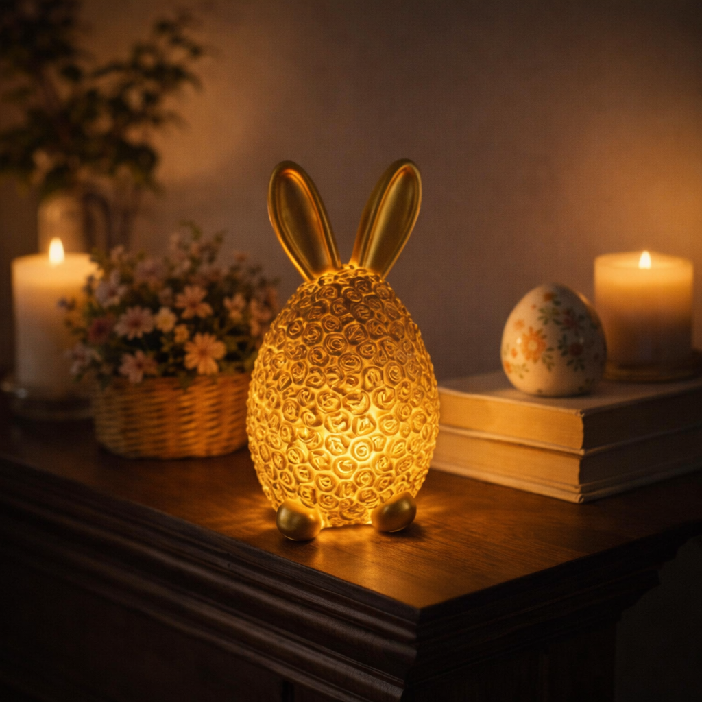 Easter Rose Bunny Night Light – Elegant Resin Rabbit Decor for Spring Home