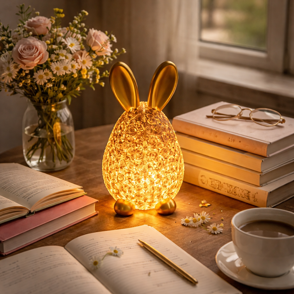 Easter Rose Bunny Night Light – Elegant Resin Rabbit Decor for Spring Home
