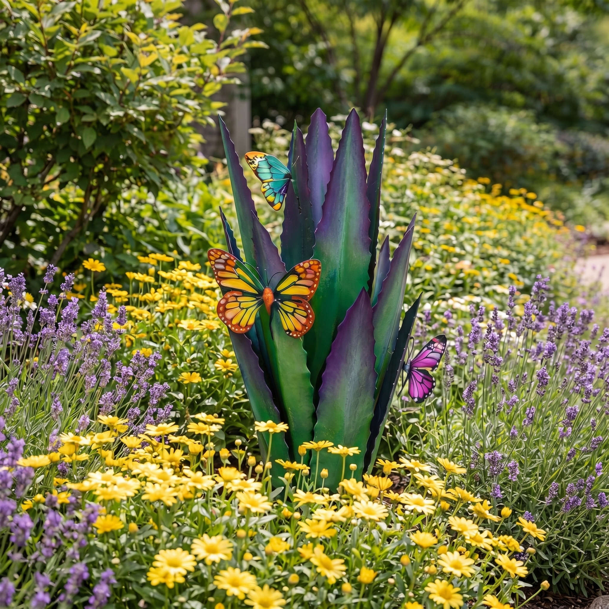 Colorful Metal Agave Garden Stake with Butterfly Accents