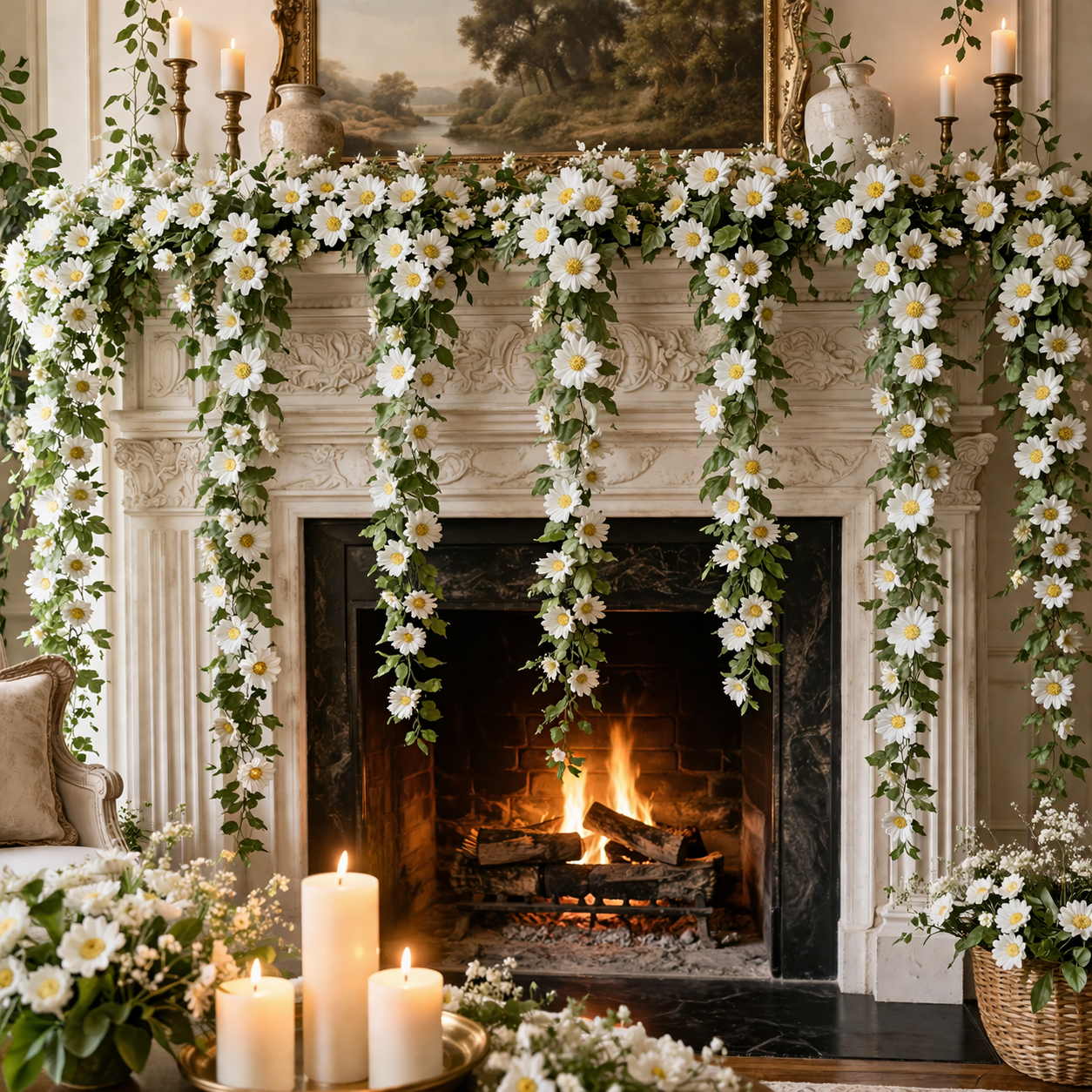2-Pcs White Daisy Garland Vines for Porch, Wedding & Home Decor