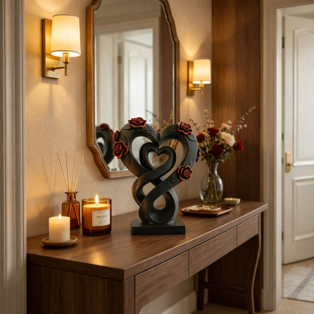 Eternal Love Double Heart Sculpture with Roses – Romantic Home Decor Accent