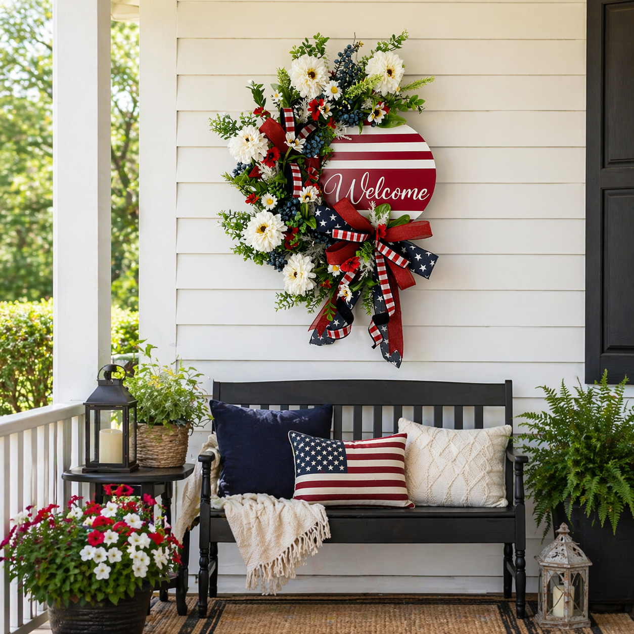 Patriotic Welcome Door Wreath – Red White Blue Floral Front Door Decor