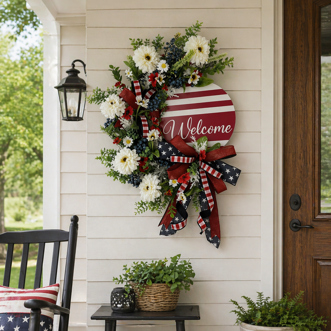 Patriotic Welcome Door Wreath – Red White Blue Floral Front Door Decor