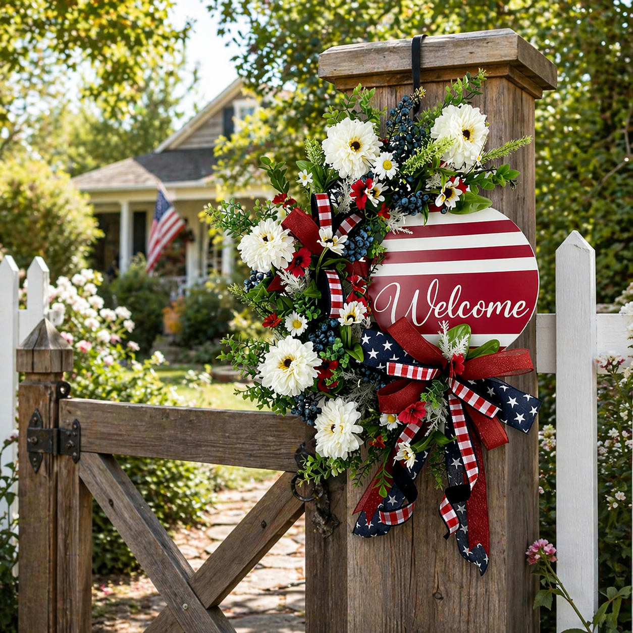 Patriotic Welcome Door Wreath – Red White Blue Floral Front Door Decor