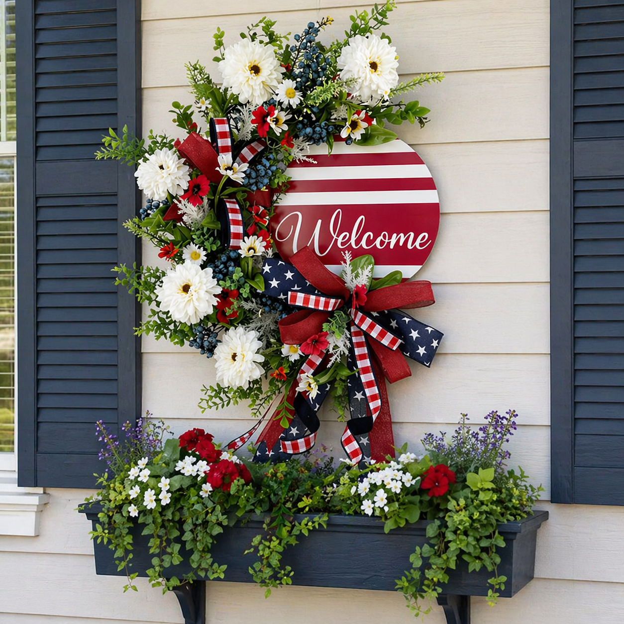 Patriotic Welcome Door Wreath – Red White Blue Floral Front Door Decor