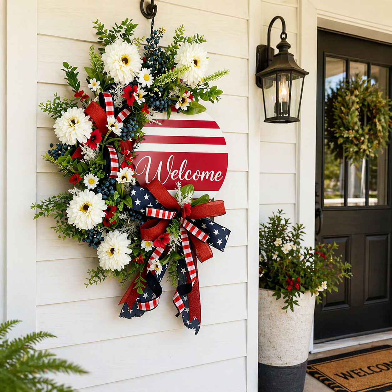Patriotic Welcome Door Wreath – Red White Blue Floral Front Door Decor