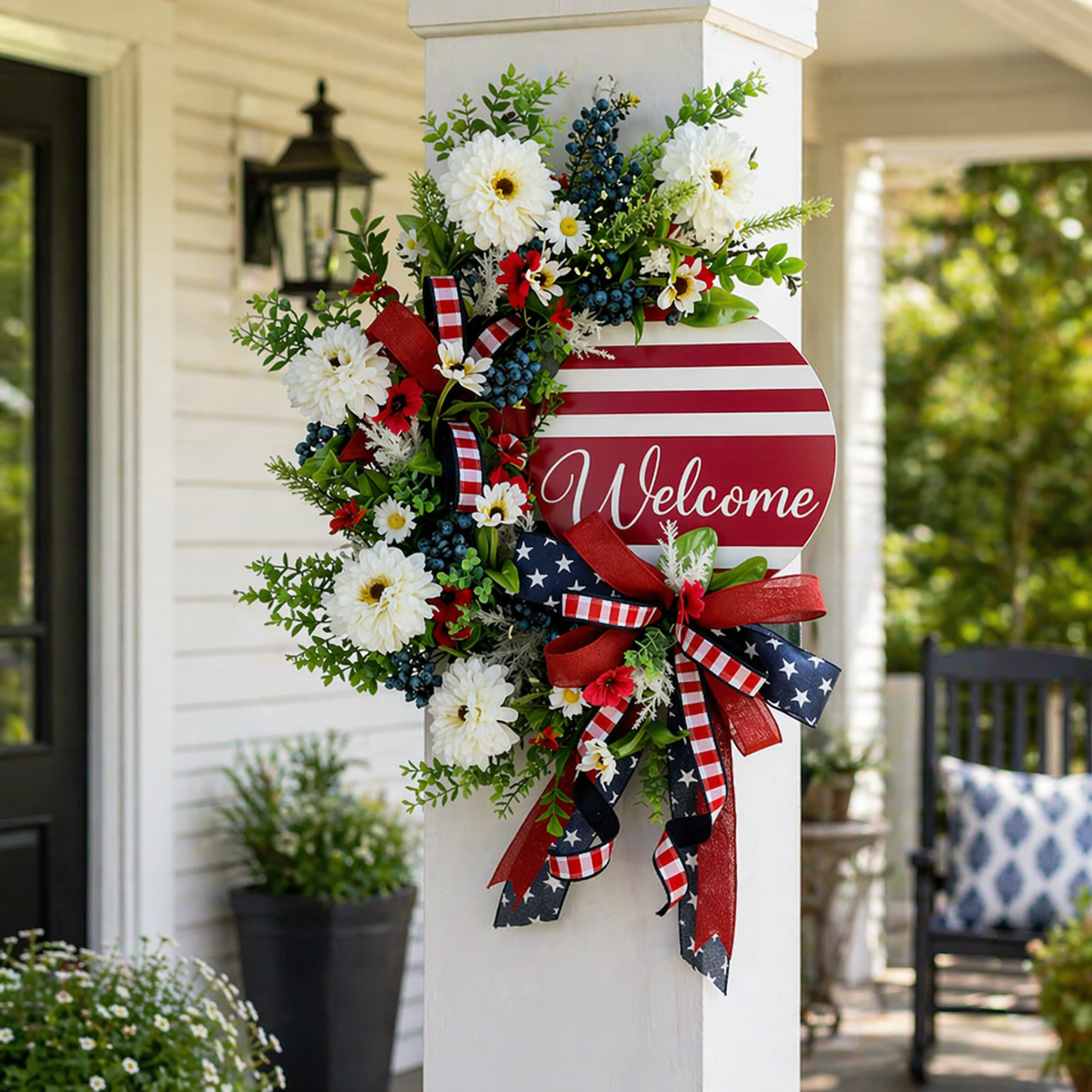 Patriotic Welcome Door Wreath – Red White Blue Floral Front Door Decor