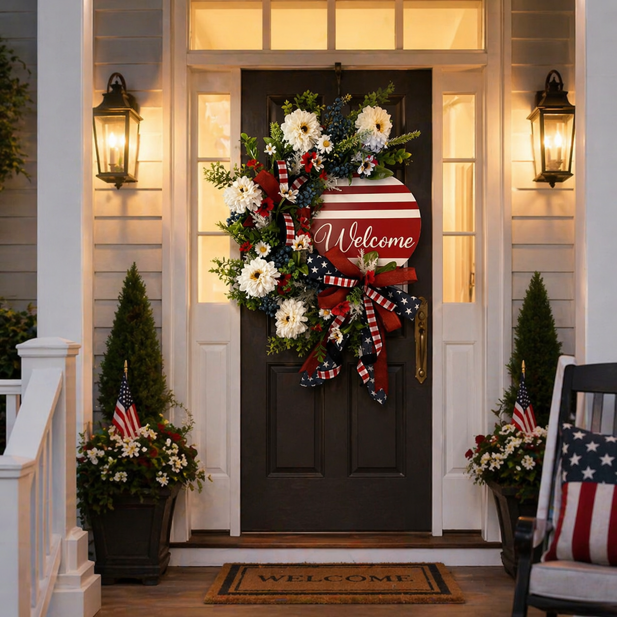 Patriotic Welcome Door Wreath – Red White Blue Floral Front Door Decor