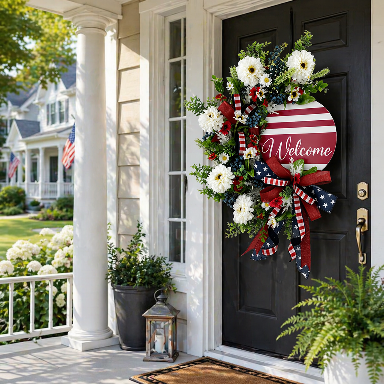 Patriotic Welcome Door Wreath – Red White Blue Floral Front Door Decor