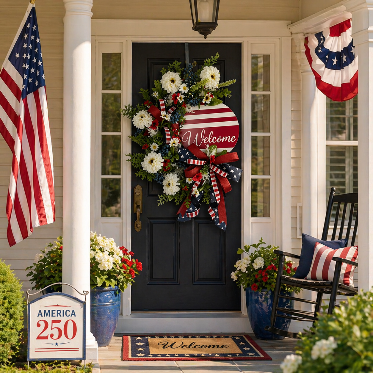 Patriotic Welcome Door Wreath – Red White Blue Floral Front Door Decor
