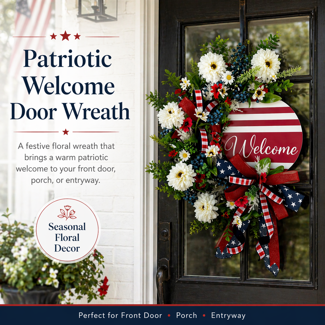 Patriotic Welcome Door Wreath – Red White Blue Floral Front Door Decor