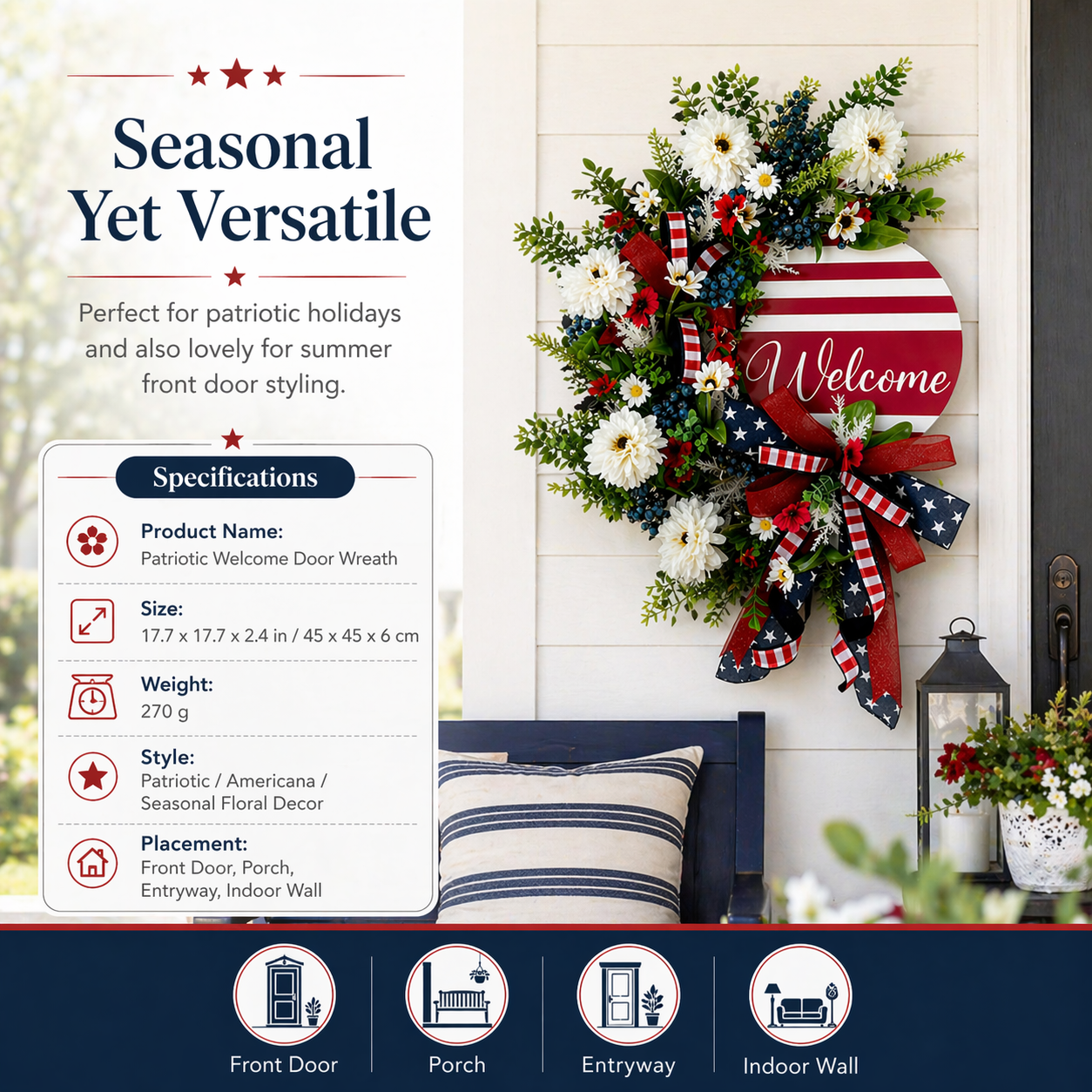 Patriotic Welcome Door Wreath – Red White Blue Floral Front Door Decor