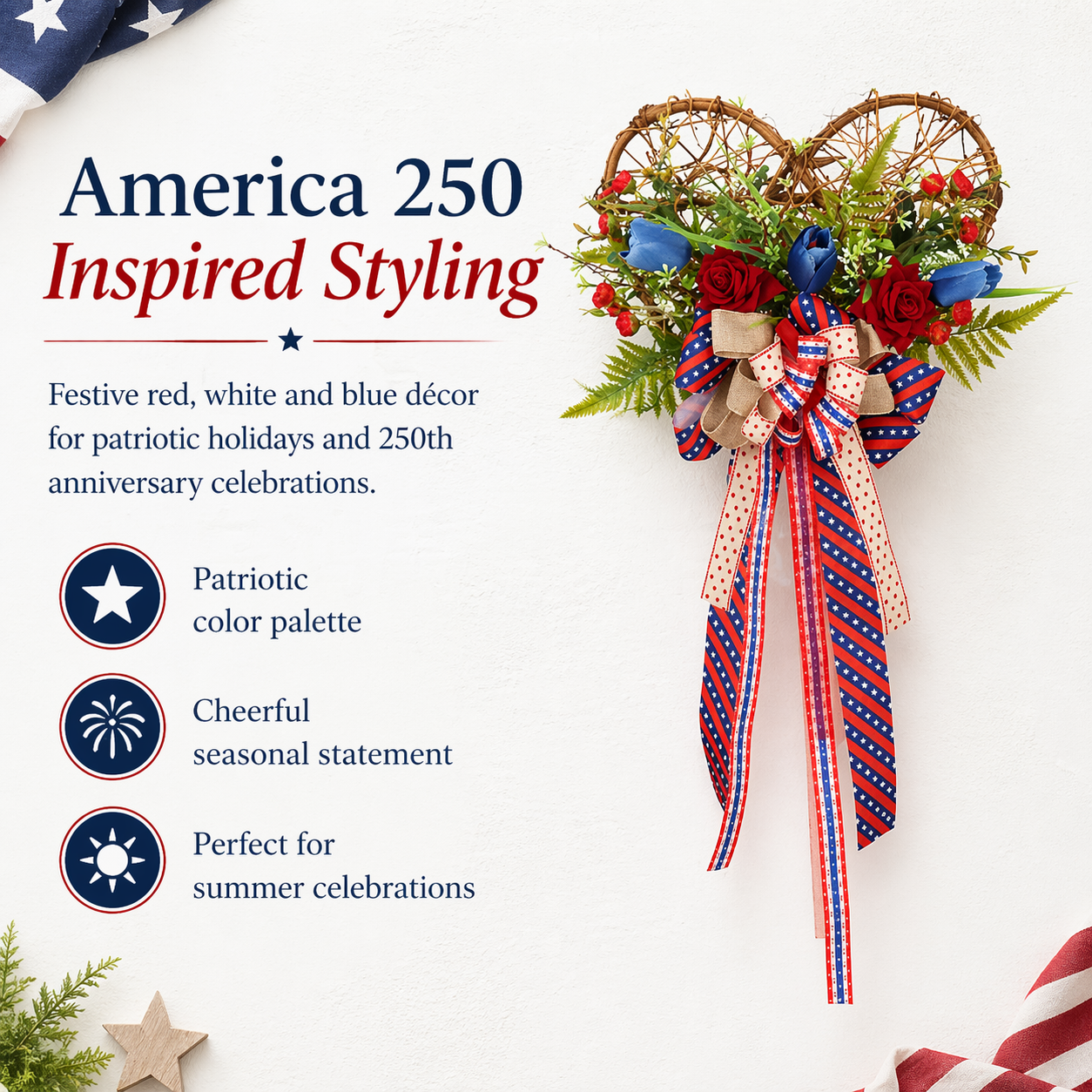America 250 Patriotic Floral Bicycle Door Hanger – Red White Blue Independence Decor
