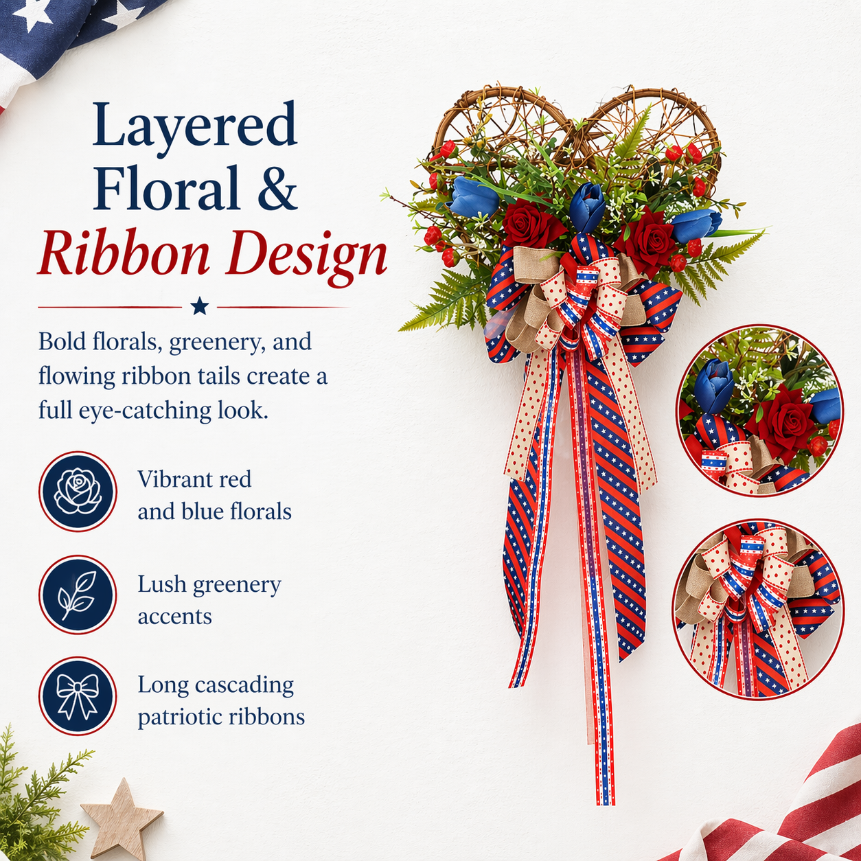America 250 Patriotic Floral Bicycle Door Hanger – Red White Blue Independence Decor