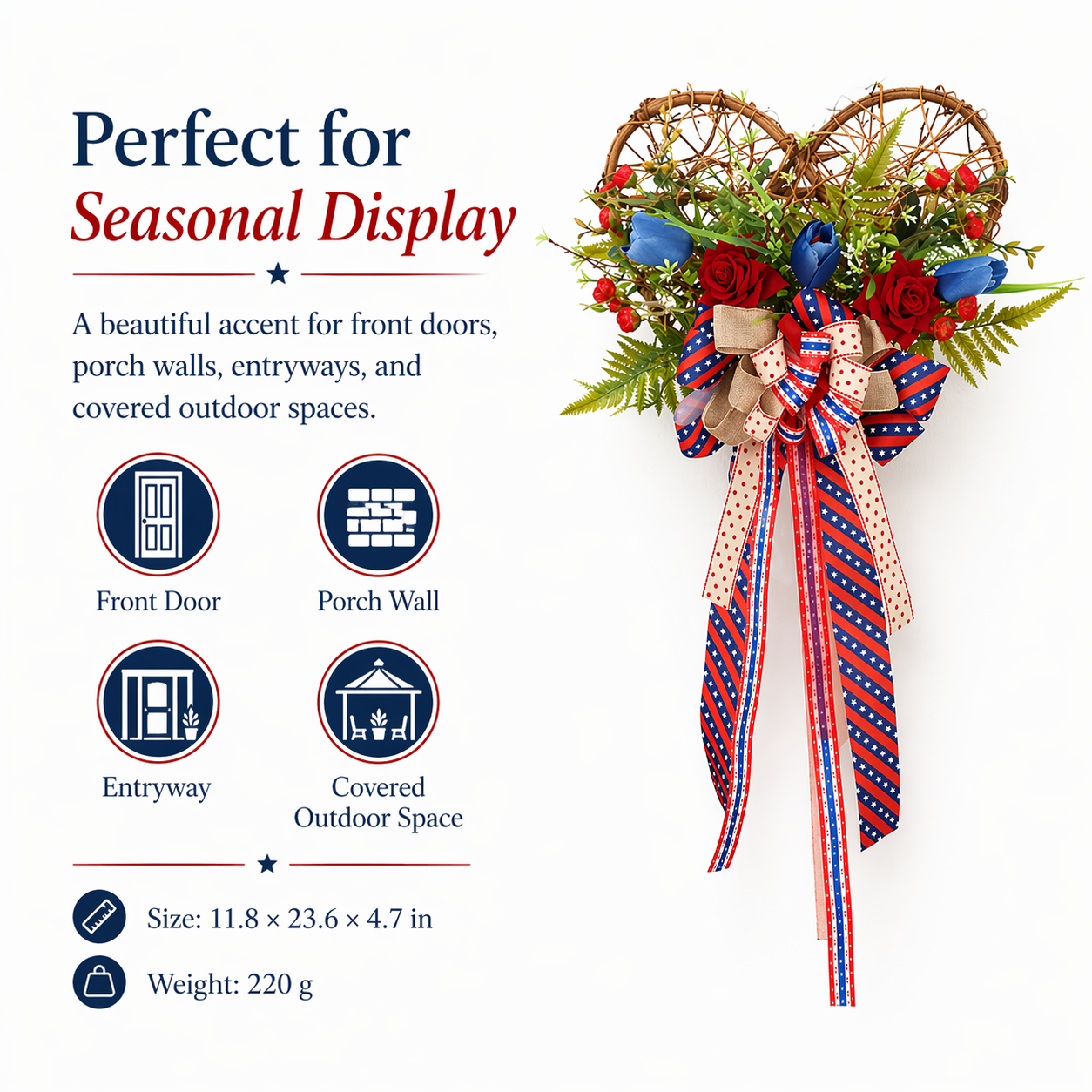 America 250 Patriotic Floral Bicycle Door Hanger – Red White Blue Independence Decor