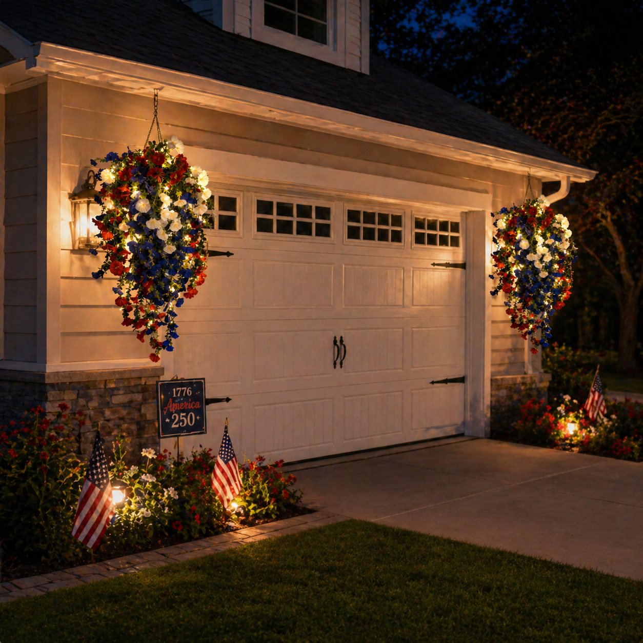 Solar Lighted Patriotic Hanging Flower Basket – Red White Blue 4th of July Porch Accent