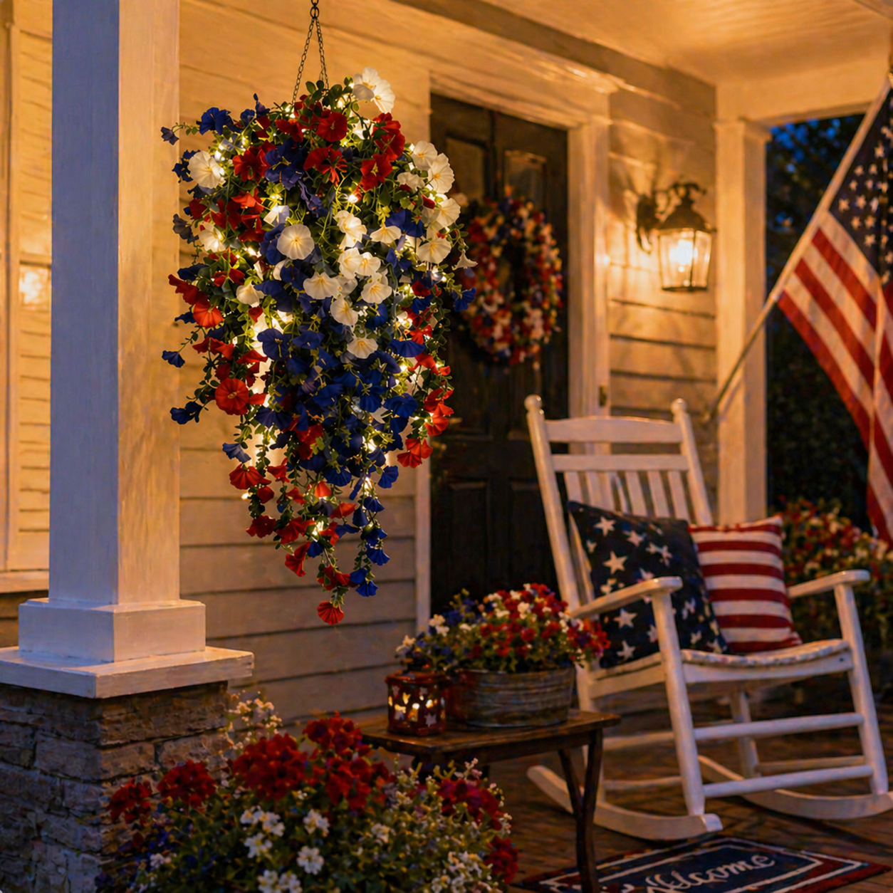 Solar Lighted Patriotic Hanging Flower Basket – Red White Blue 4th of July Porch Accent
