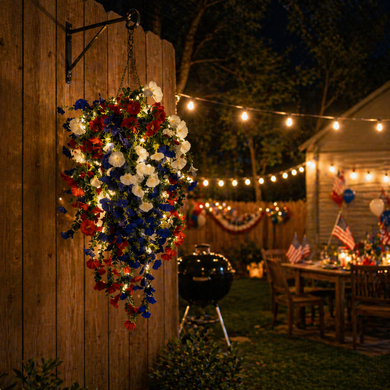 Solar Lighted Patriotic Hanging Flower Basket – Red White Blue 4th of July Porch Accent