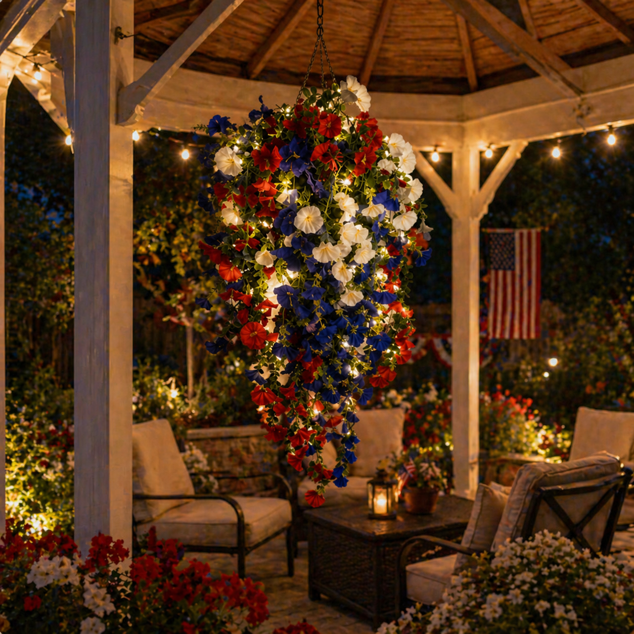 Solar Lighted Patriotic Hanging Flower Basket – Red White Blue 4th of July Porch Accent