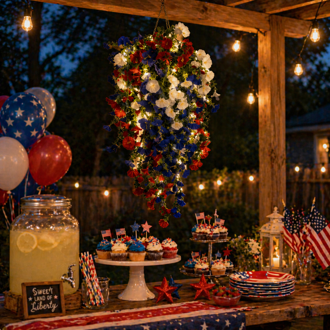 Solar Lighted Patriotic Hanging Flower Basket – Red White Blue 4th of July Porch Accent