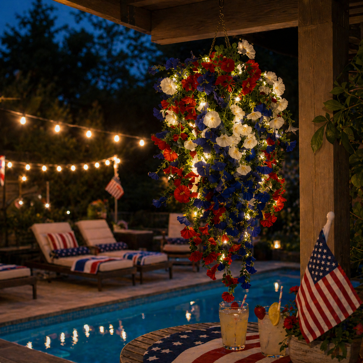 Solar Lighted Patriotic Hanging Flower Basket – Red White Blue 4th of July Porch Accent
