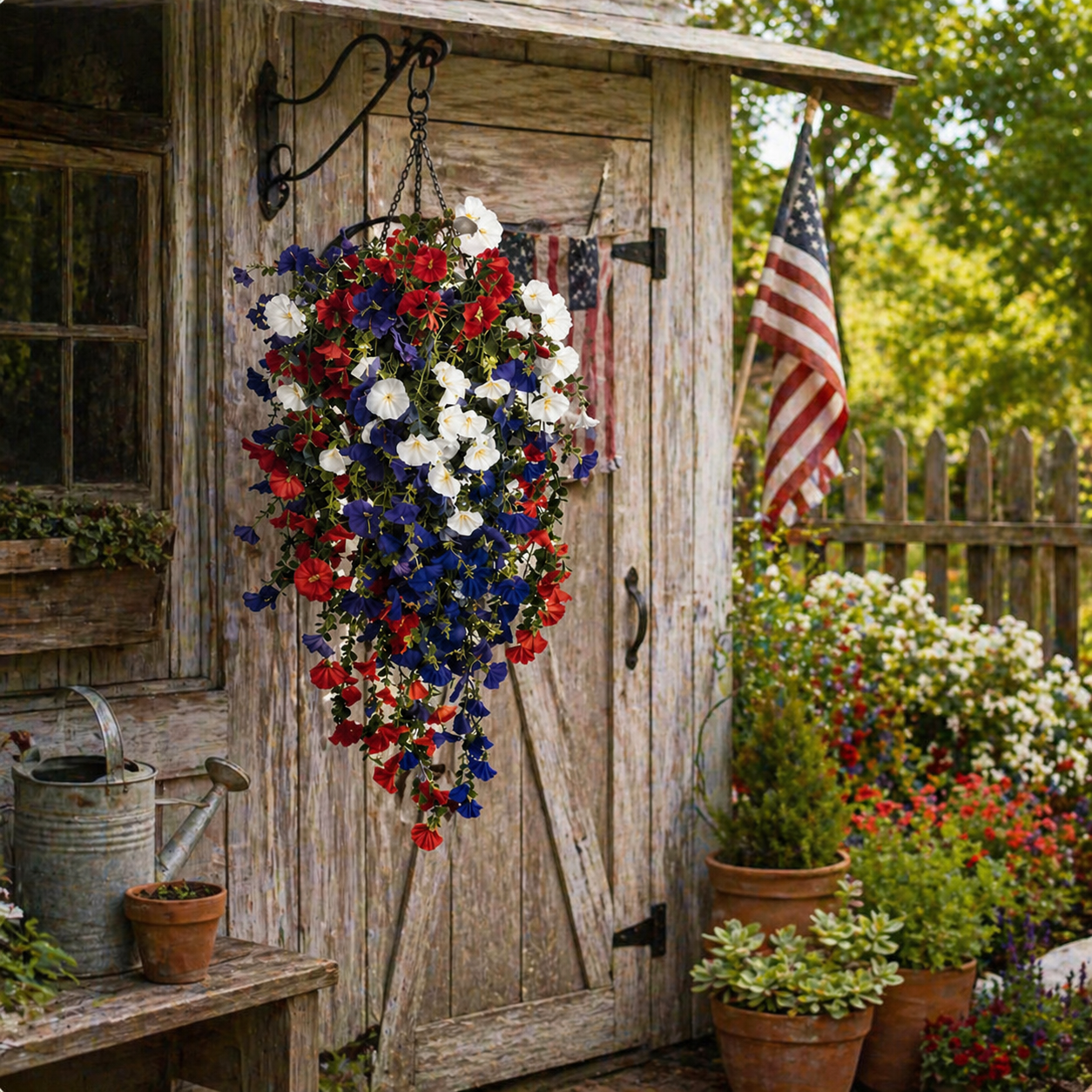 Solar Lighted Patriotic Hanging Flower Basket – Red White Blue 4th of July Porch Accent