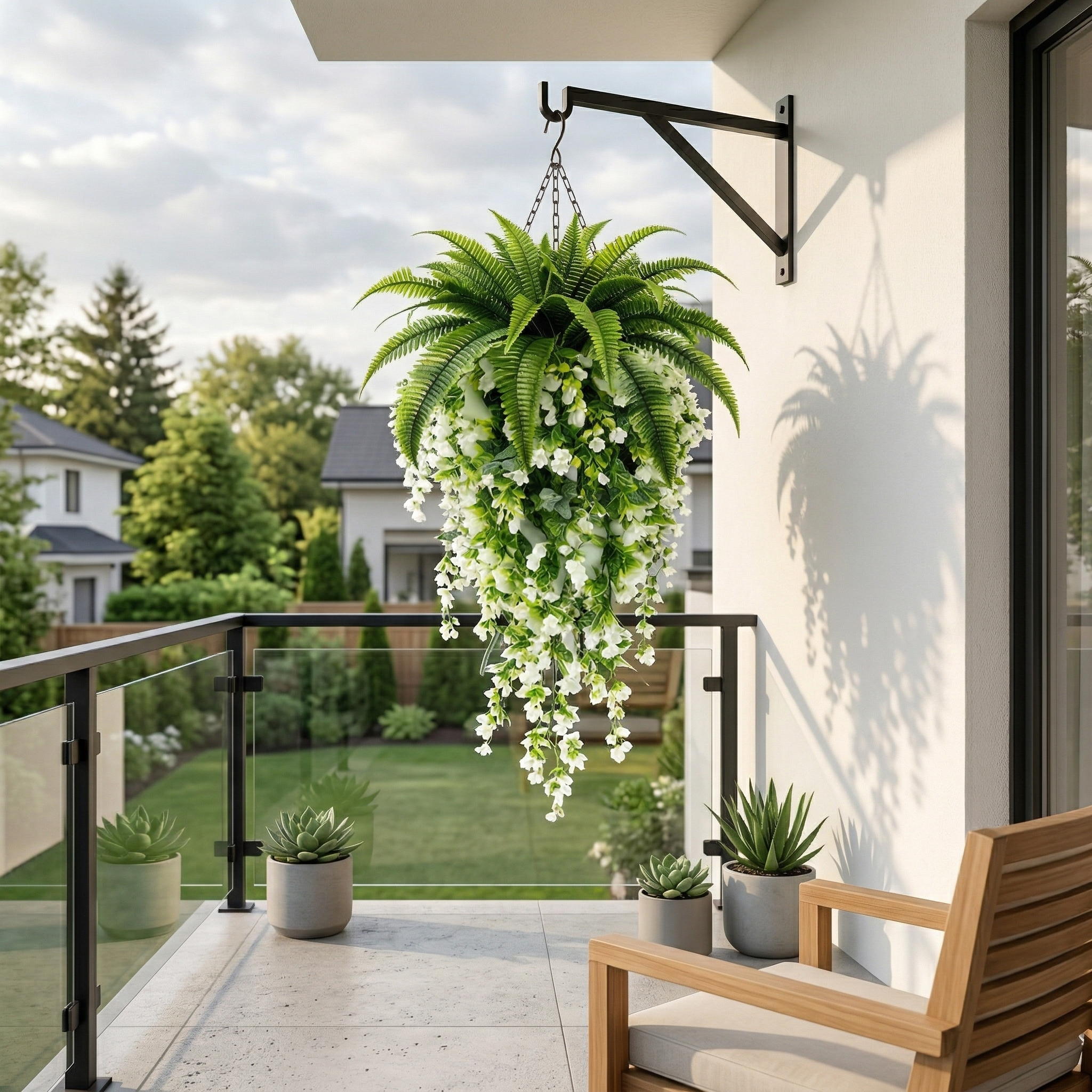 Artificial Hanging Fern Basket Set with Persian Grass & White Camellia Vines – Faux Hanging Greenery for Porch, Patio, Wedding & Home Décor