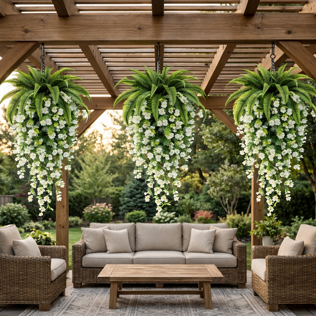 Artificial Hanging Fern Basket Set with Persian Grass & White Camellia Vines – Faux Hanging Greenery for Porch, Patio, Wedding & Home Décor