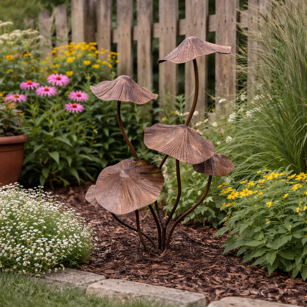 Rustic Iron Mushroom Garden Stake Décor for Yard, Porch & Planters